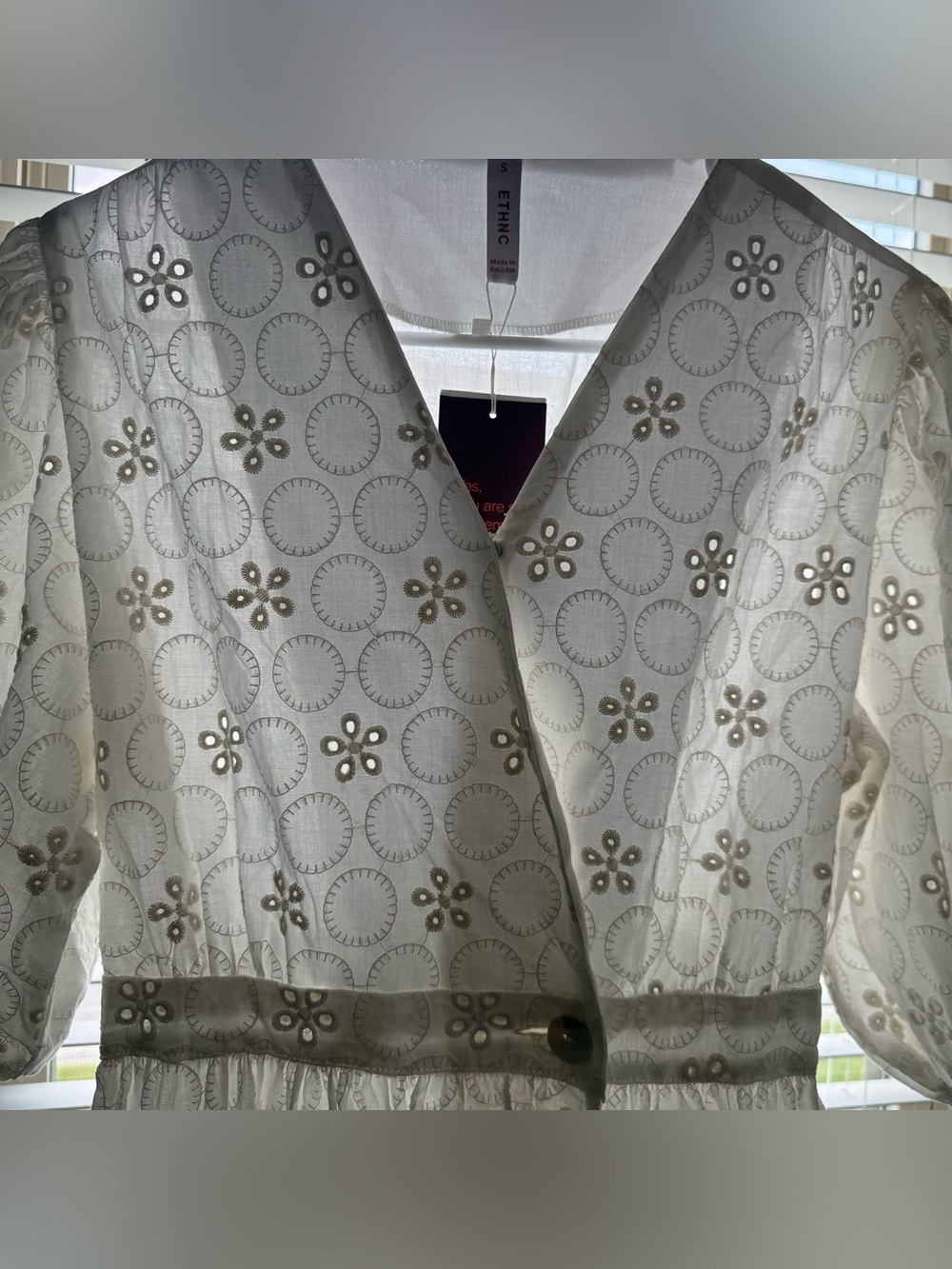 White Eyelet Button-Front with Floral Cutouts Pakastani Indian Dress